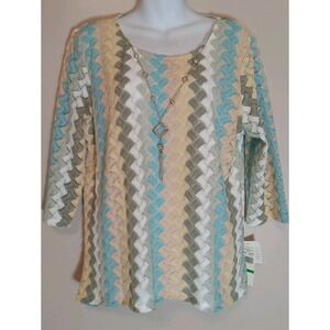 Alfred Dunner Multicolor Crochet Lined‎ Necklace 3/4 Sleeve Top Size PL
